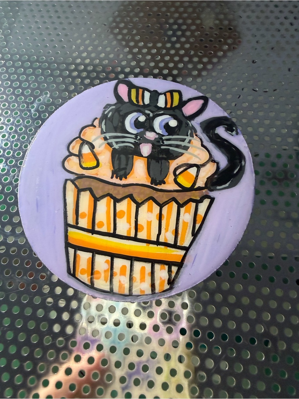 Hand-Painted Purple Cat Cupcake Magnet - Cute Cat Décor